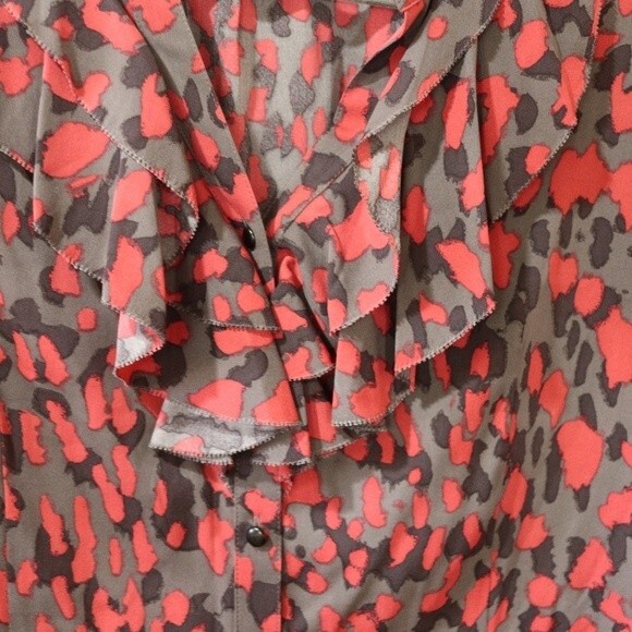 Classiques Entier Coral Print Animal  Print Button Up Ruffle Blouse LG Silk - Picture 4 of 12